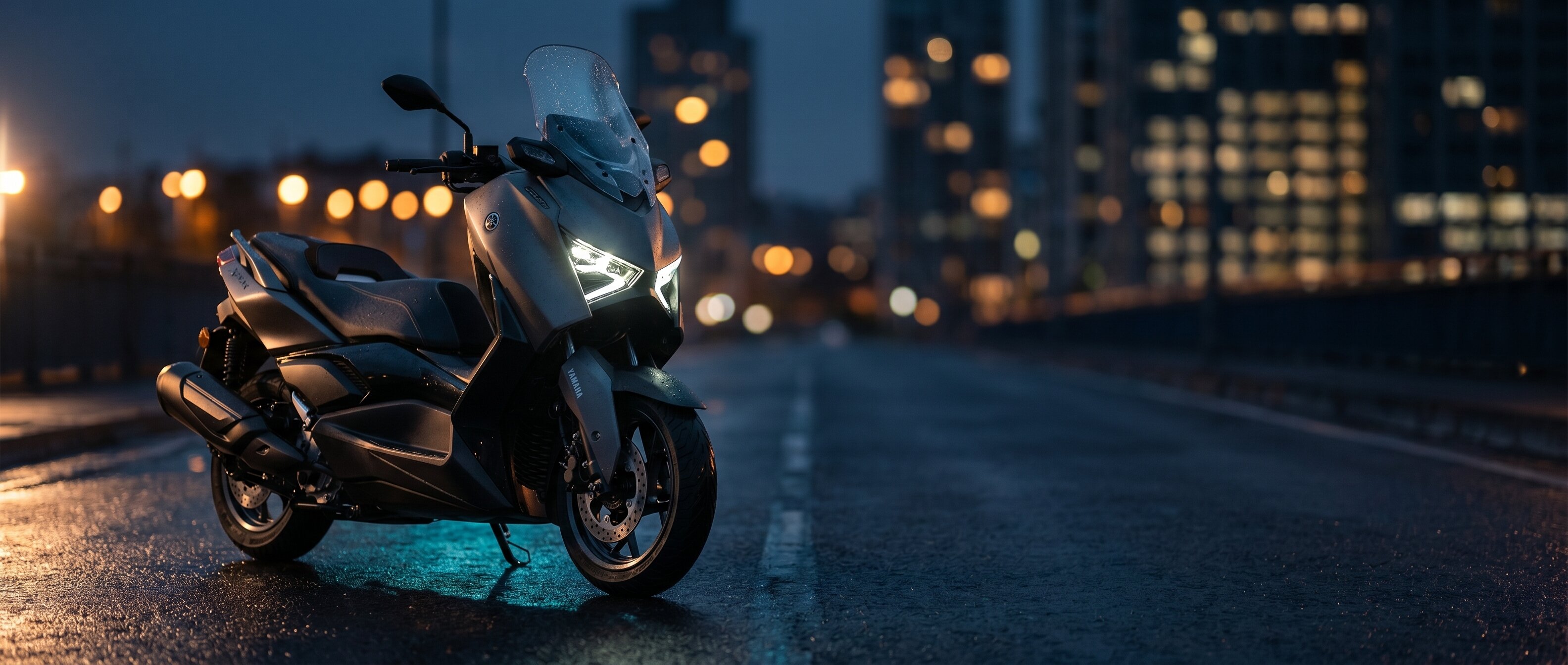 Yamaha XMAX 300, mavi saatte ıslak şehir yolunda X şeklinde LED farıyla.